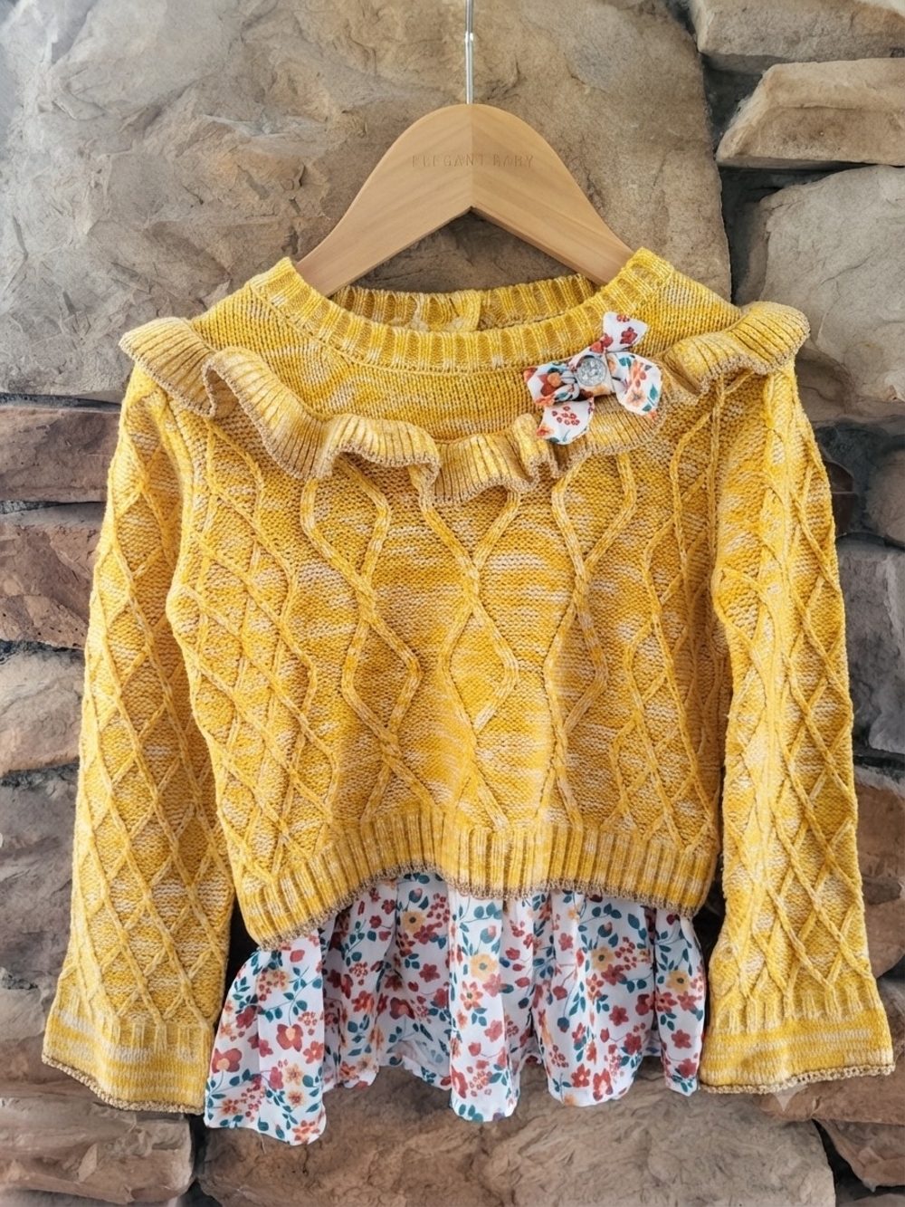 Little Lass Yellow Ruffle Cable-Knit Sweater with Floral Trim